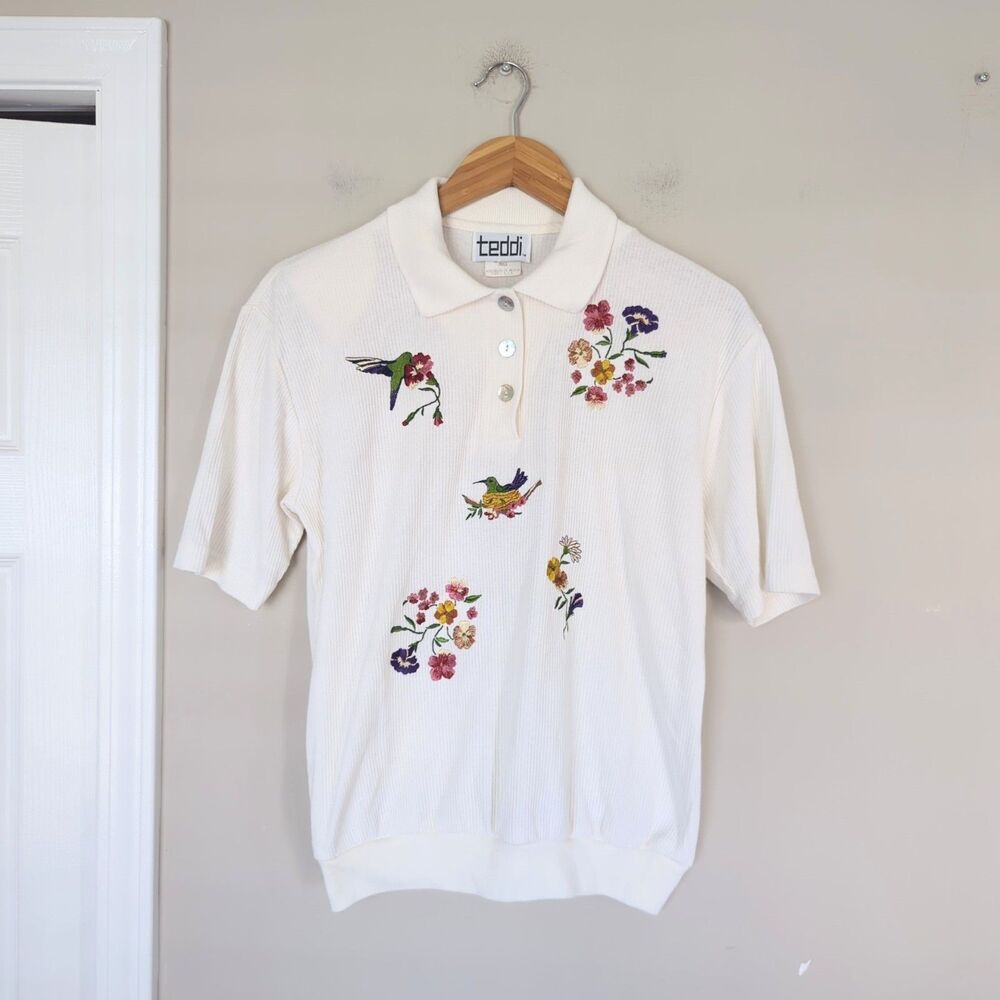 Vintage Teddi White Embroidered Floral & Birds Short Sleeve Sweater Small